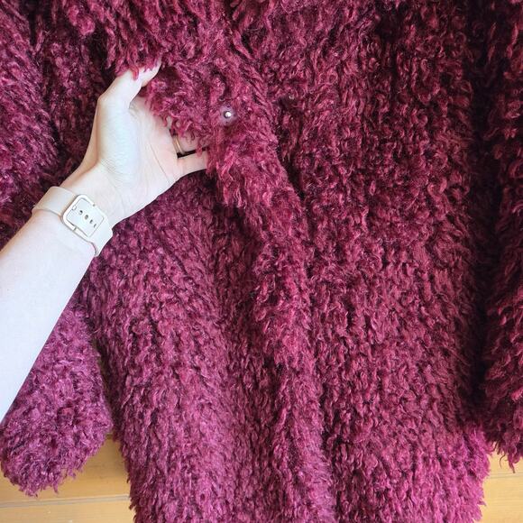 Zara Burgundy Faux Fur Shag Teddy Coat Jacket Small Snap Up Collared Outerwear - Picture 5 of 6